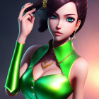 3D illustration of woman with large eyes, black hair, green dress & gold jewelry