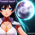 Digital illustration of black-haired anime girl in white/navy outfit against cosmic backdrop