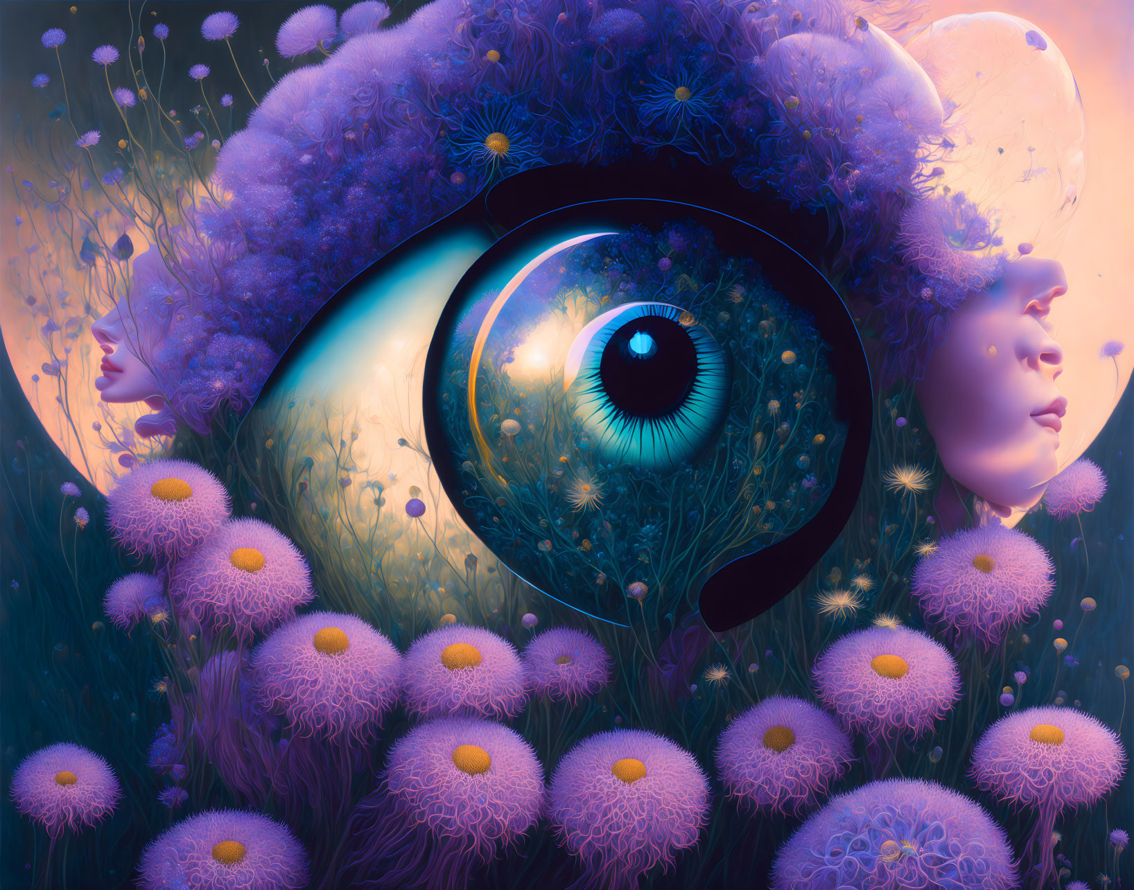 Colorful Surreal Illustration: Large Eye Among Faces, Flora, and Dandelion Elements