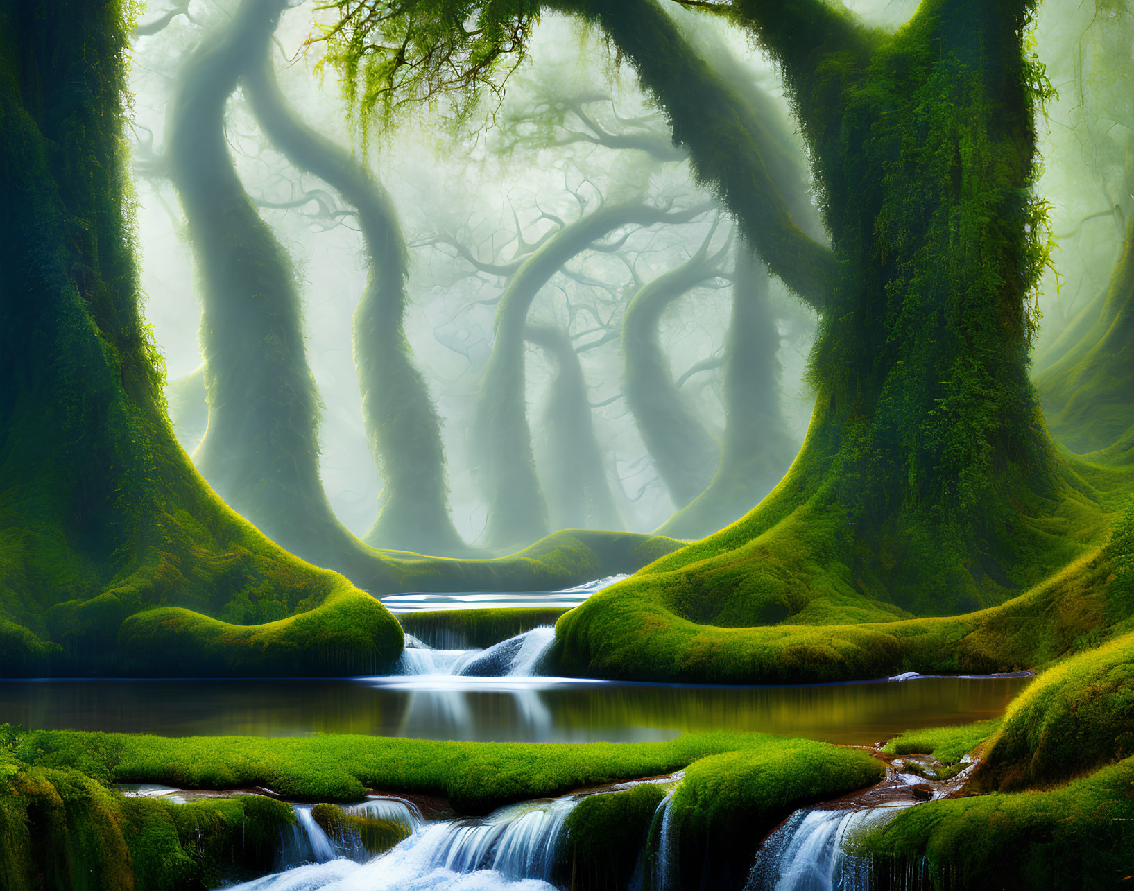 Verdant moss-covered trees in mystical forest landscape