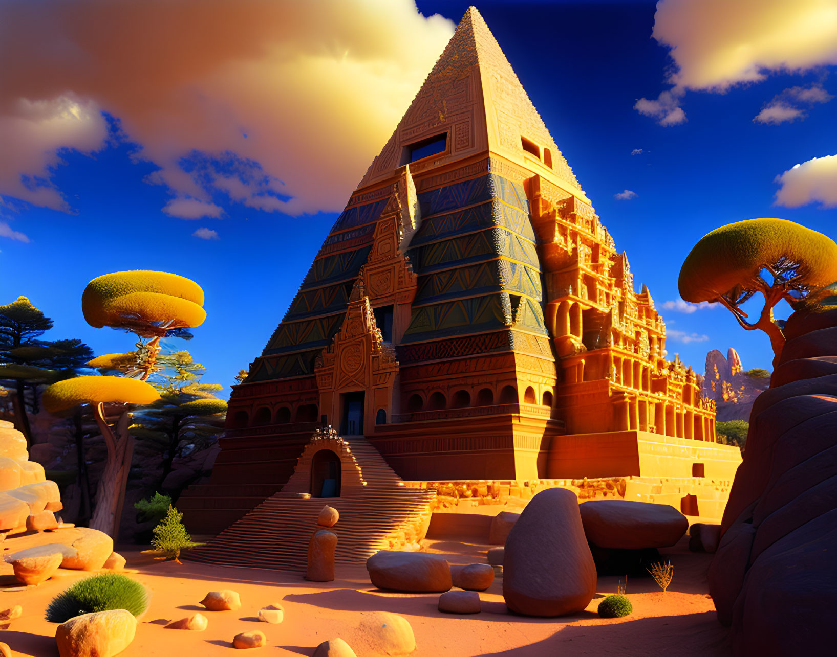 Large ornate pyramid in desert with fantastical trees under vibrant blue sky