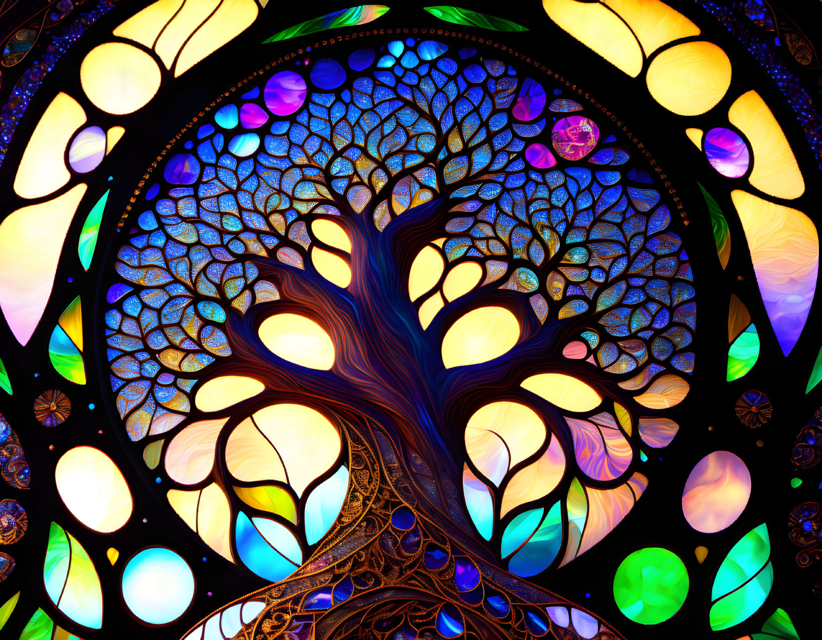 Colorful Stained-Glass Window with Tree and Circular Designs