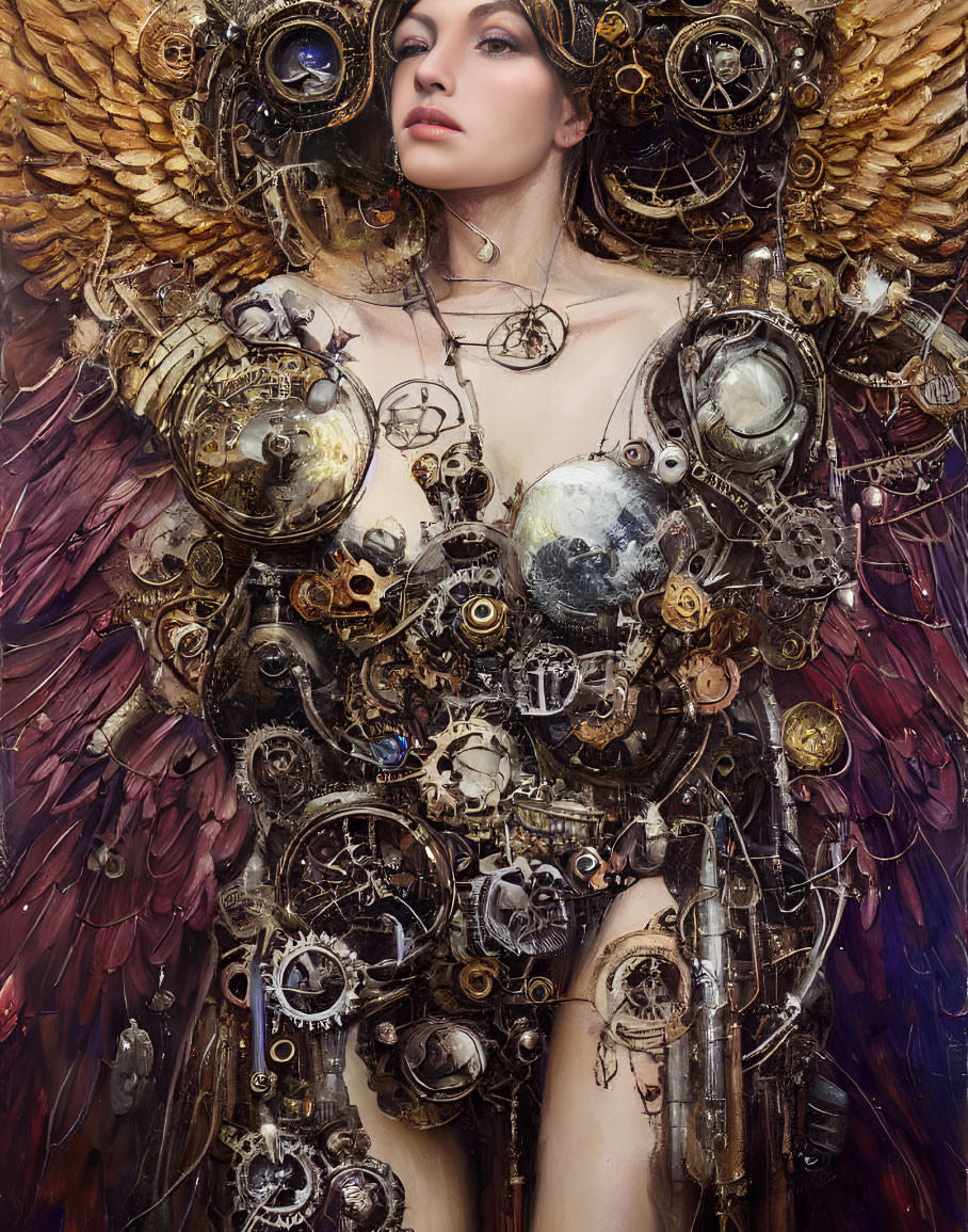 Steampunk-themed woman with mechanical wings and gears.