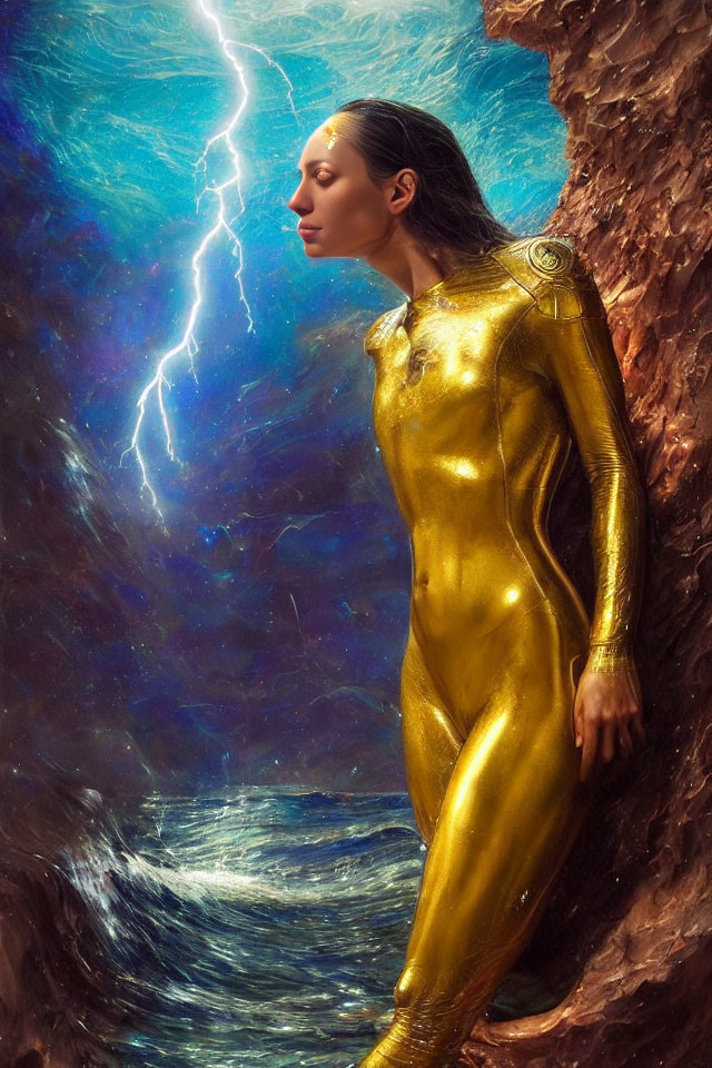 Person in gold bodysuit in rocky cave, looking at stormy sea with lightning.