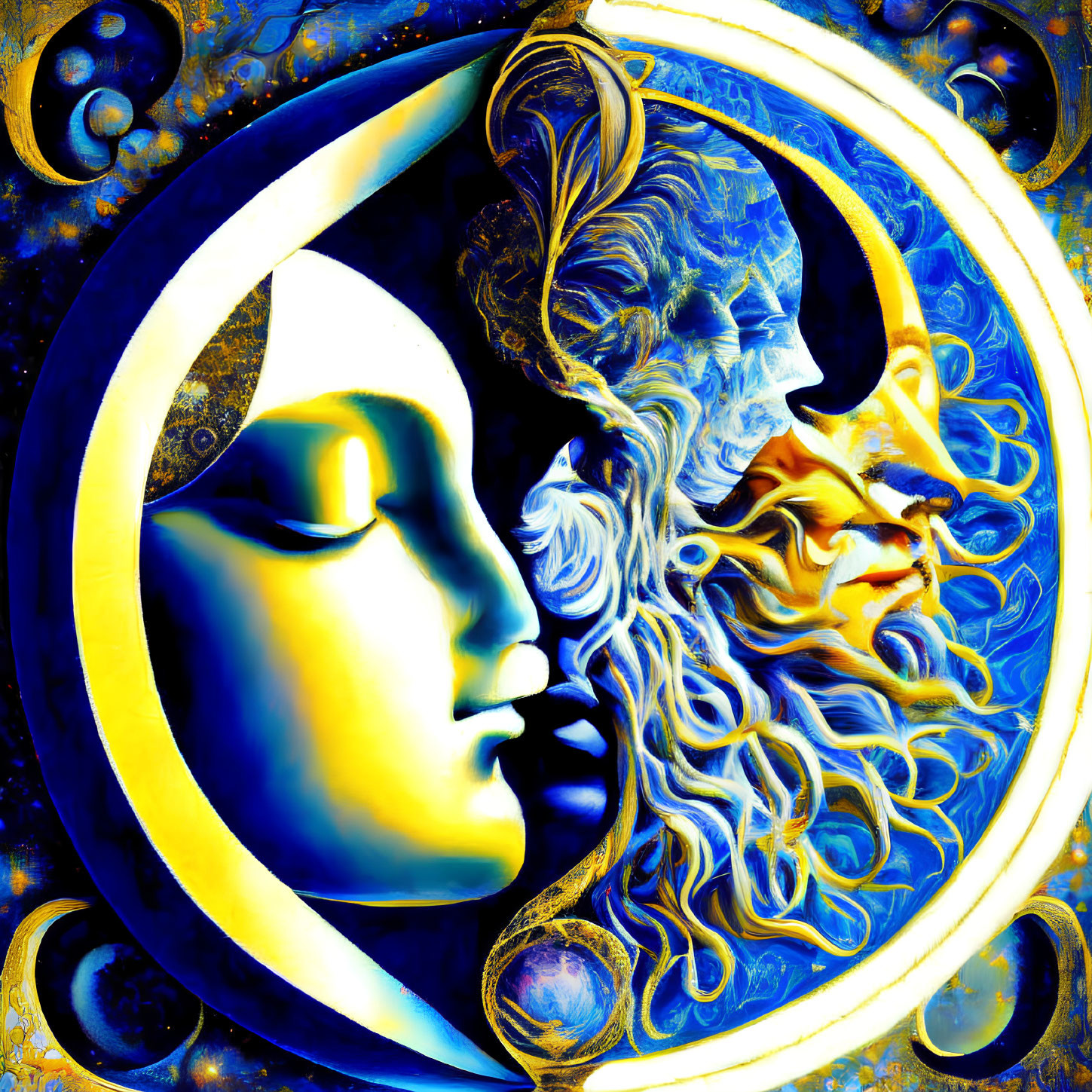 Sun and Moon with Human Faces in Yin-Yang Design and Celestial Motifs