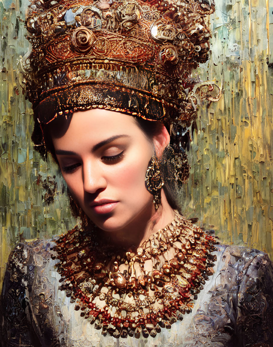 Woman in Golden Crown and Jewelry on Textured Background