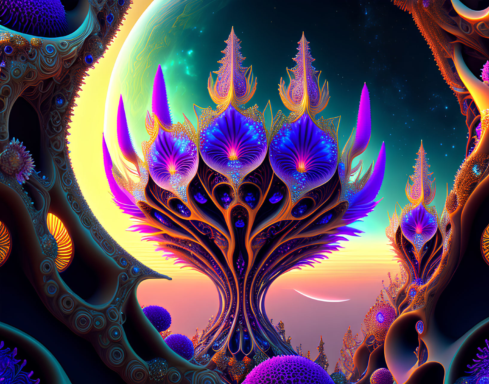 Colorful Psychedelic Fantasy Landscape with Tree and Alien-like Flora