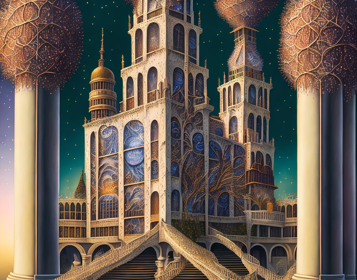 Fantastical palace with ornate towers against starry night sky