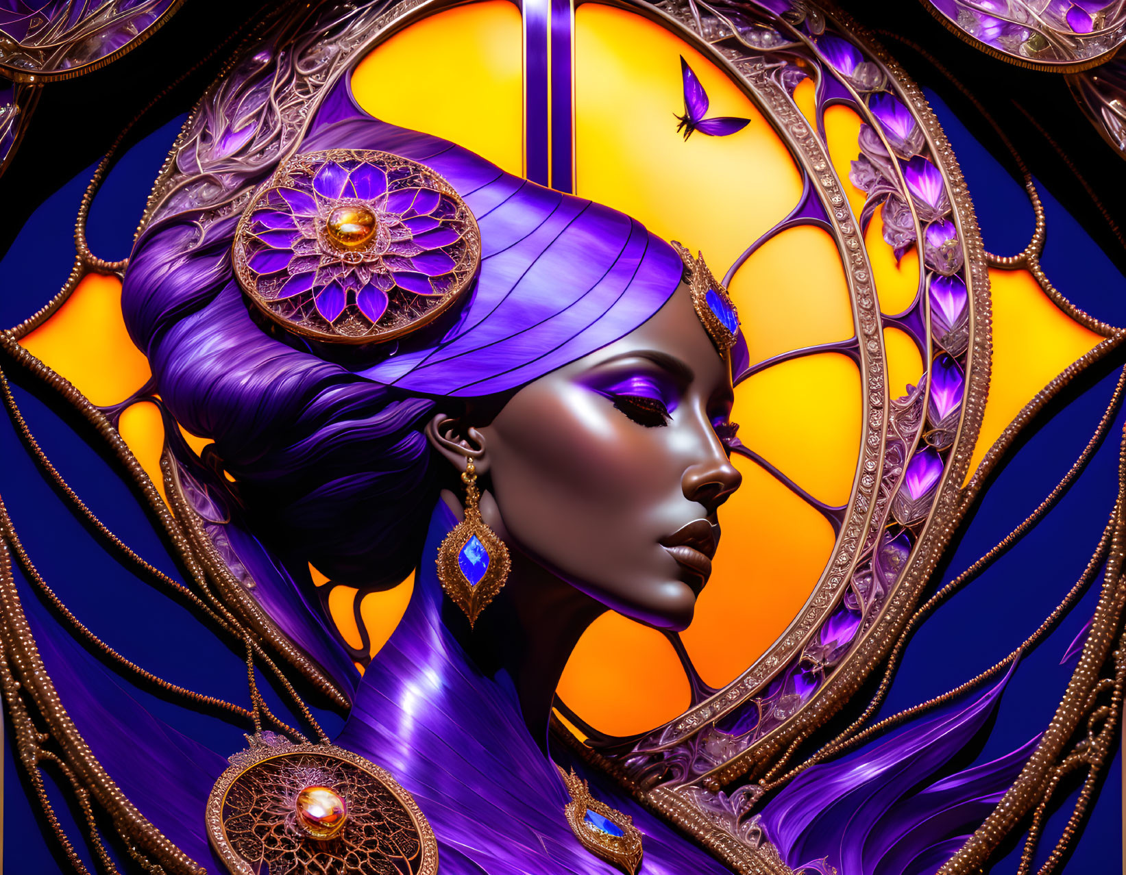 Colorful illustration of a purple-skinned woman with gold jewelry and butterfly backdrop