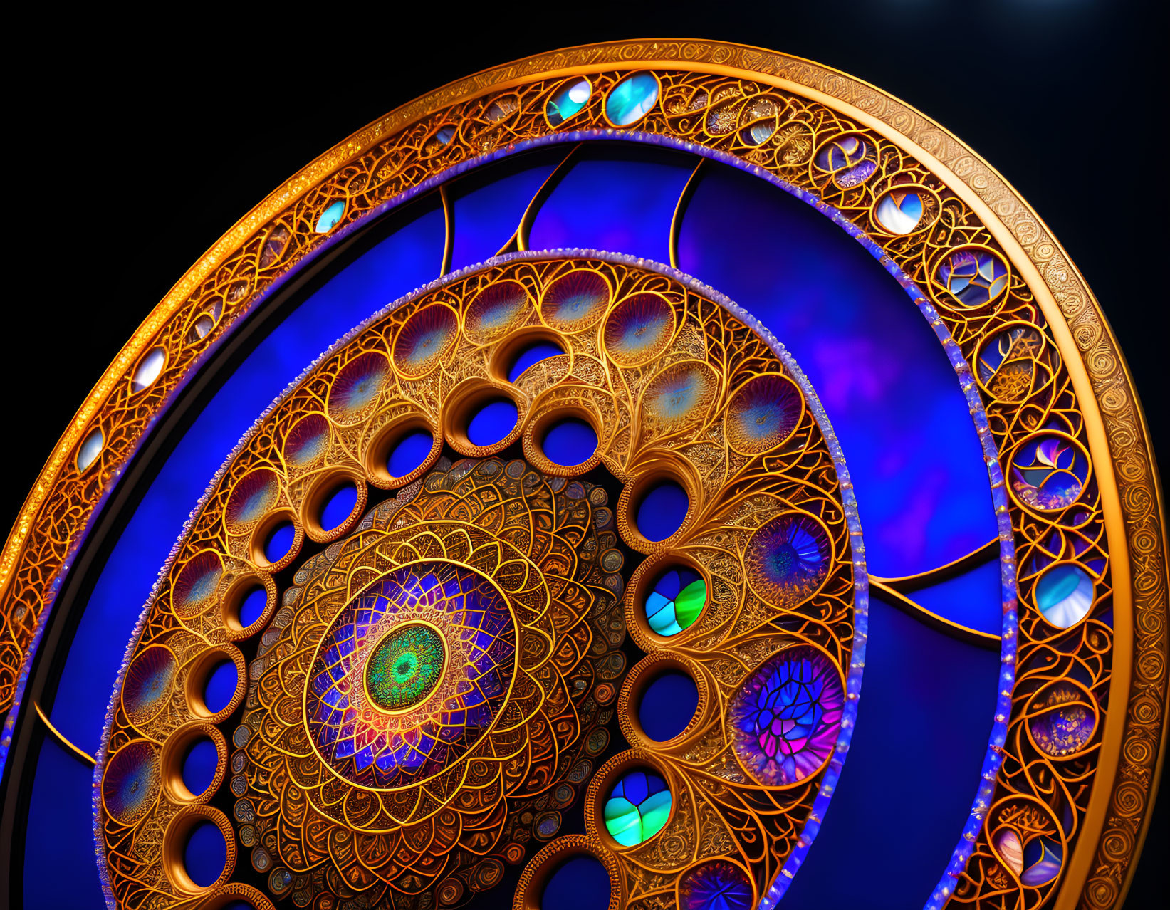 Circular Golden Mandala with Glowing Gemstones on Dark Blue Background