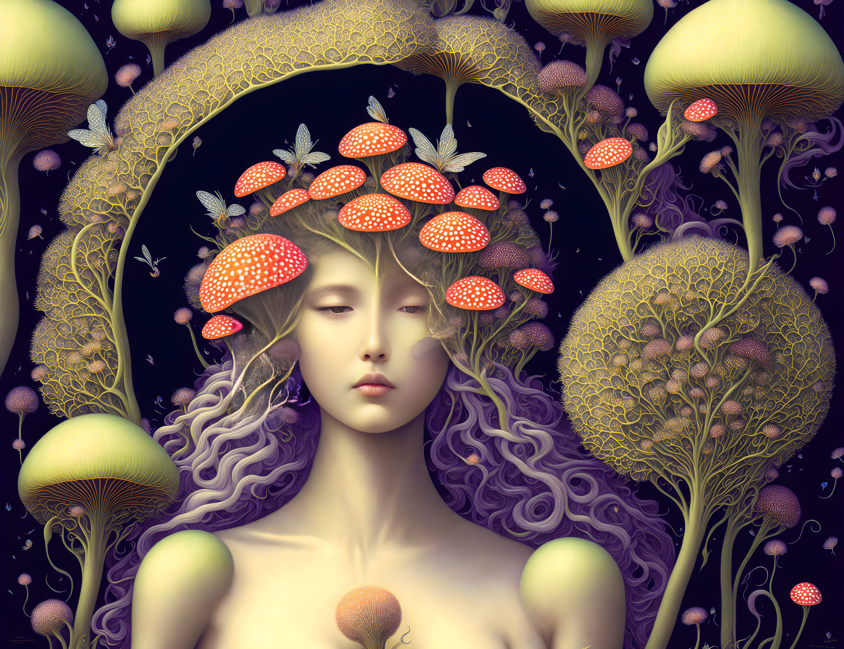 Surreal Artistic Depiction of Woman with Red-Capped Mushroom Headdress