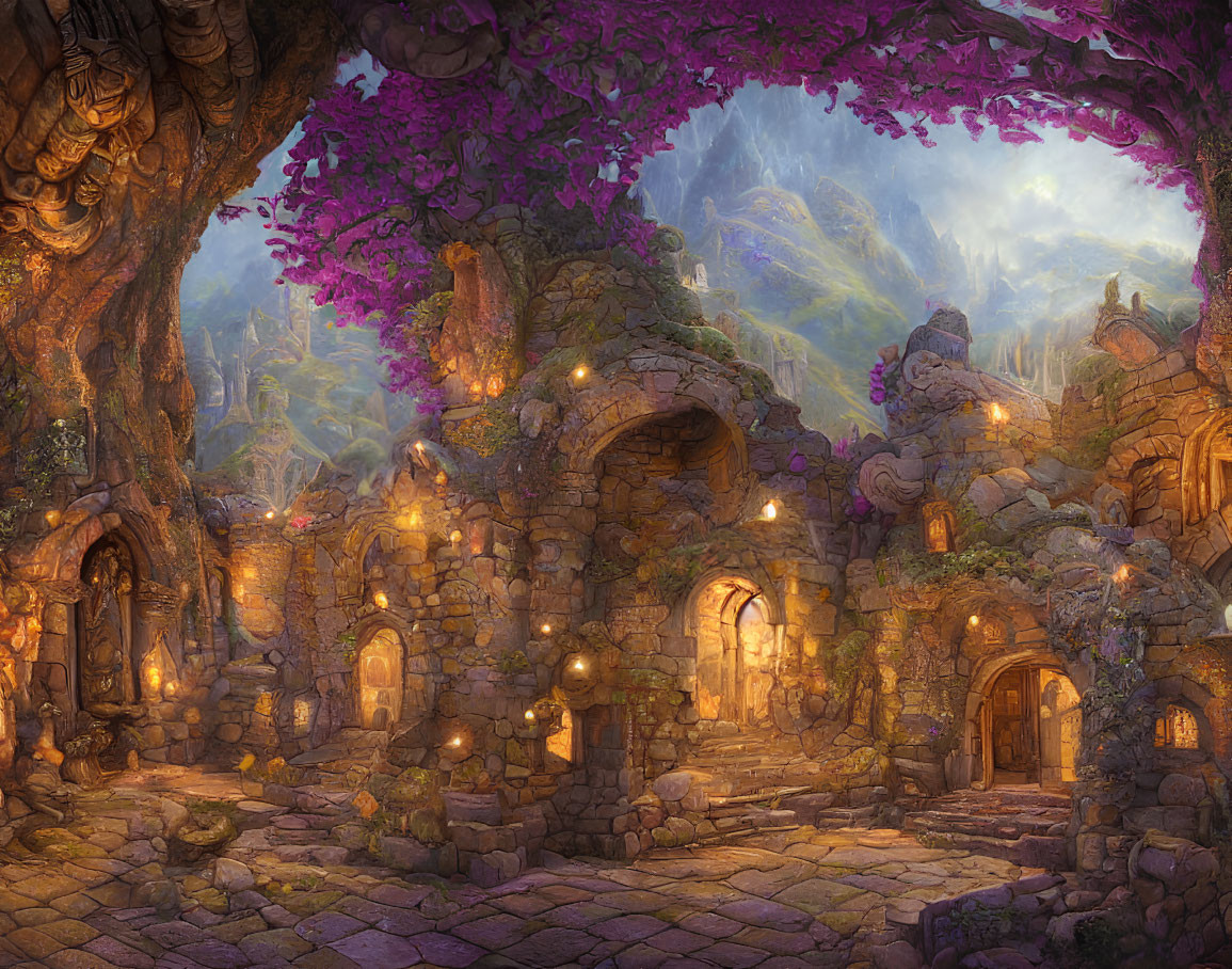 Stone-built village with purple foliage, glowing lanterns, and mystic ruins in fantasy scene