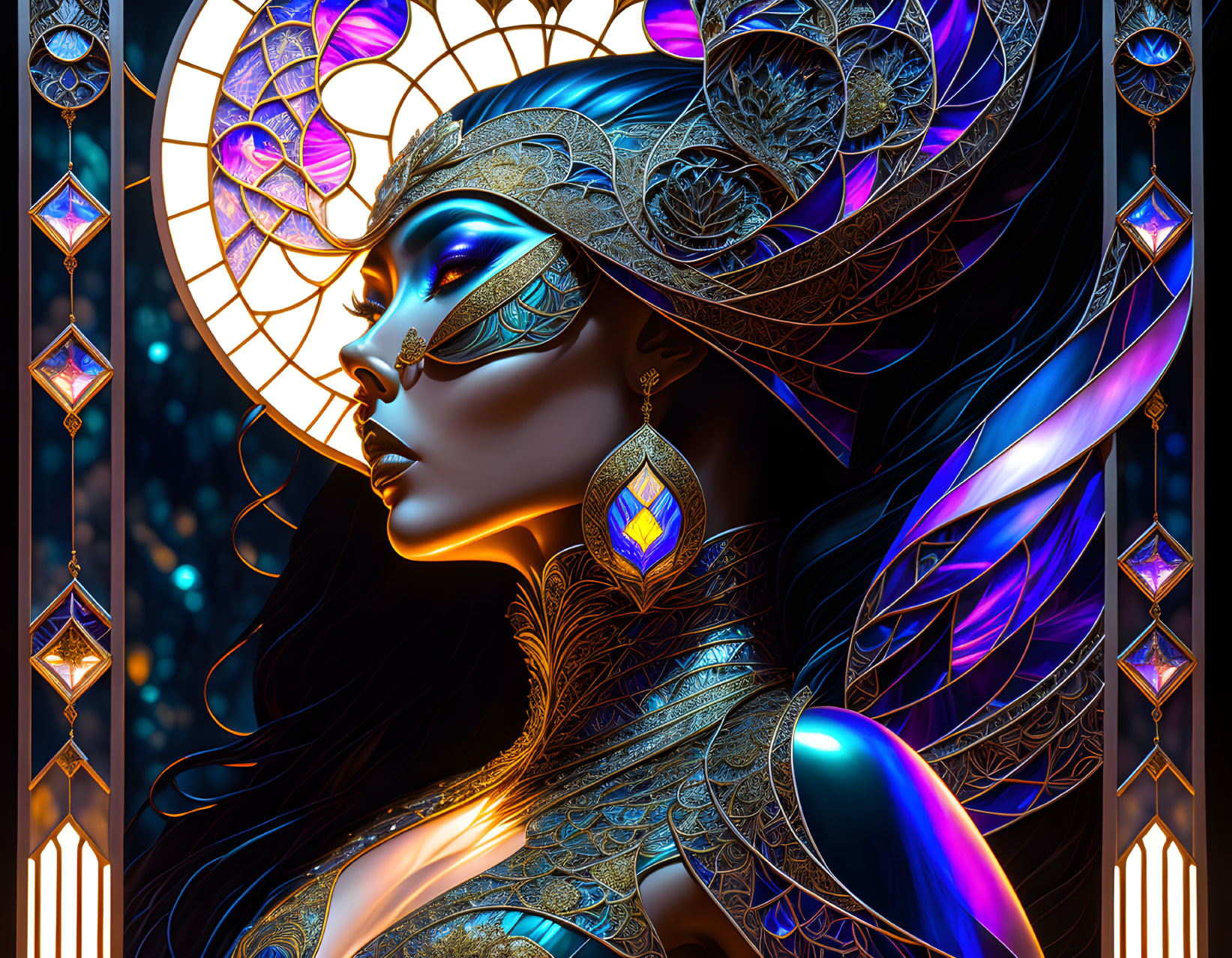 Colorful digital artwork of woman with golden headgear and blue skin against stained-glass backdrop