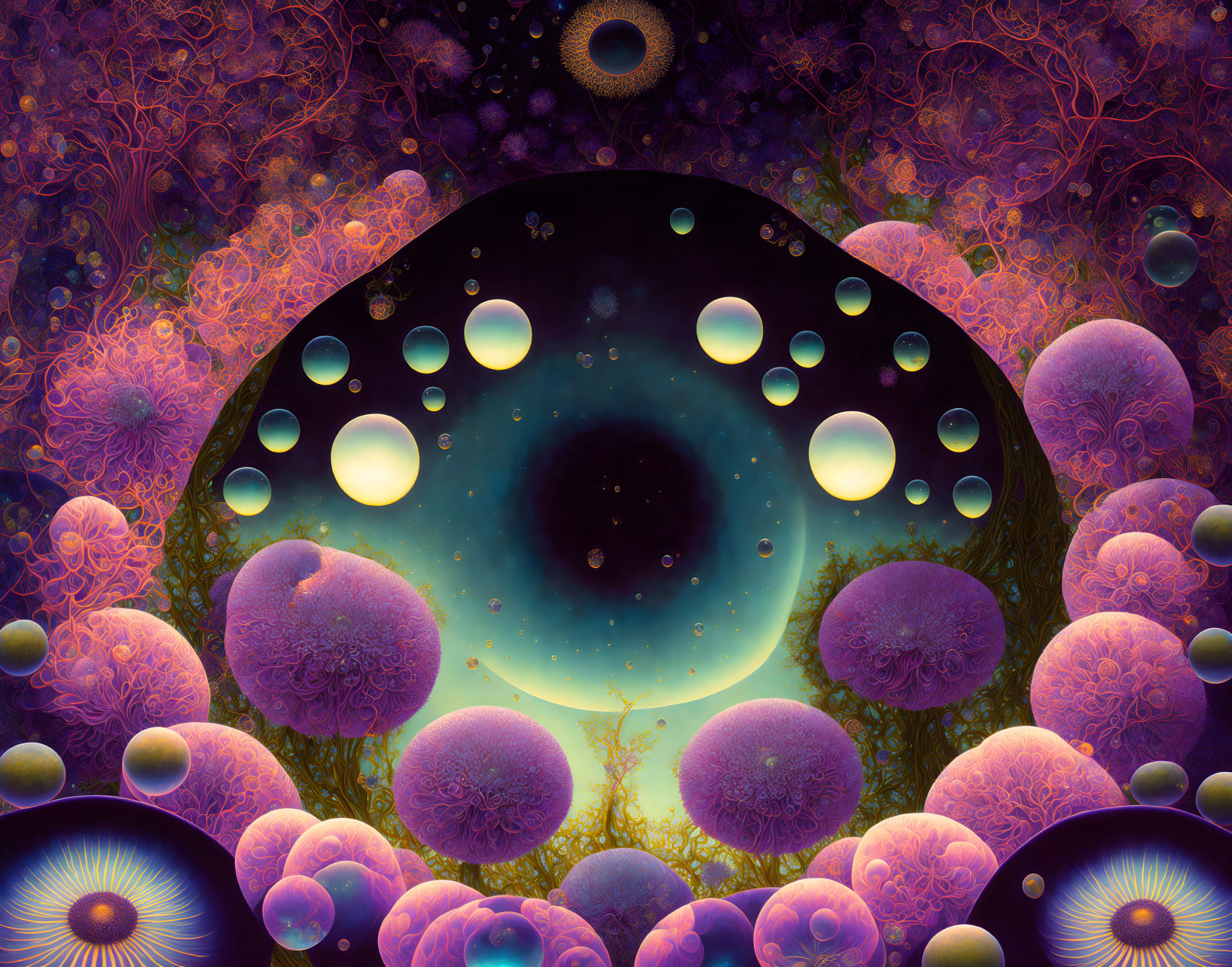 Colorful psychedelic artwork: cosmic eye portal with fractal patterns in purple hues