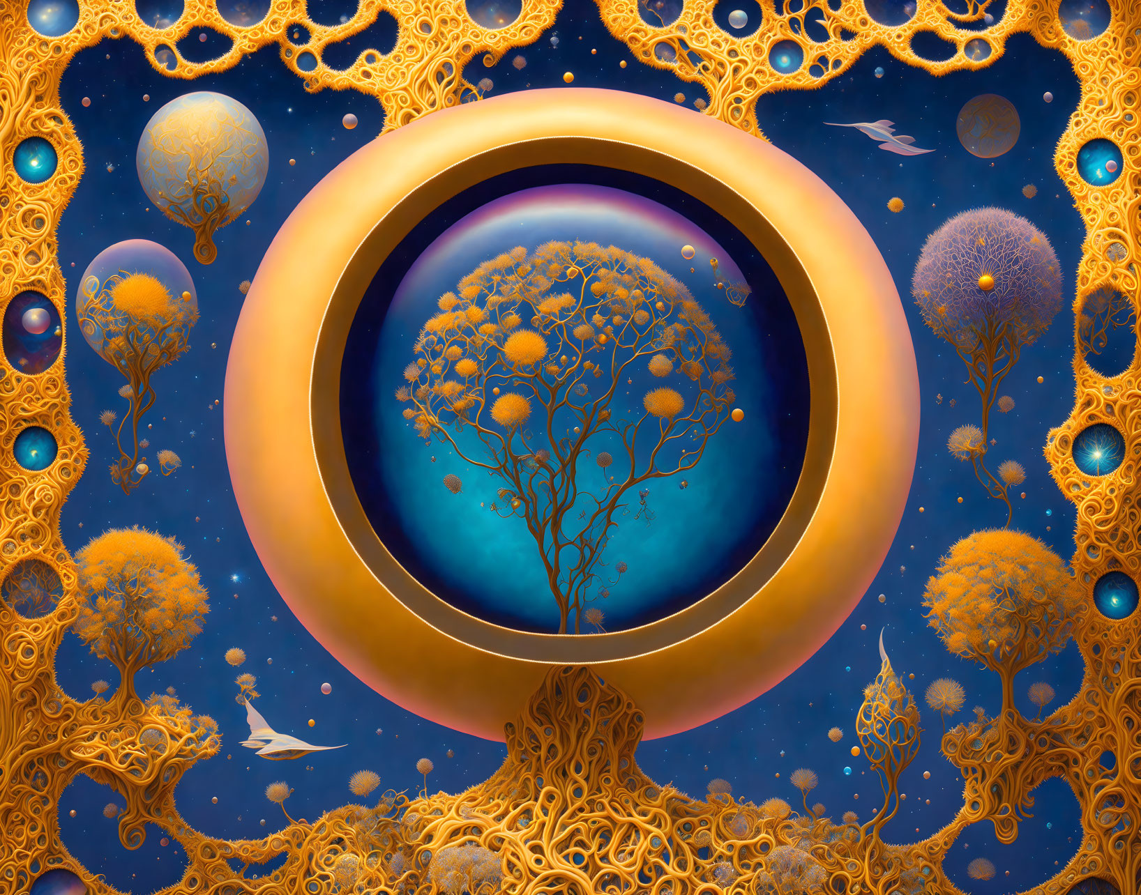 Surrealist artwork: Golden tree, circular frames, space background, orbs, fish, cosmic elements