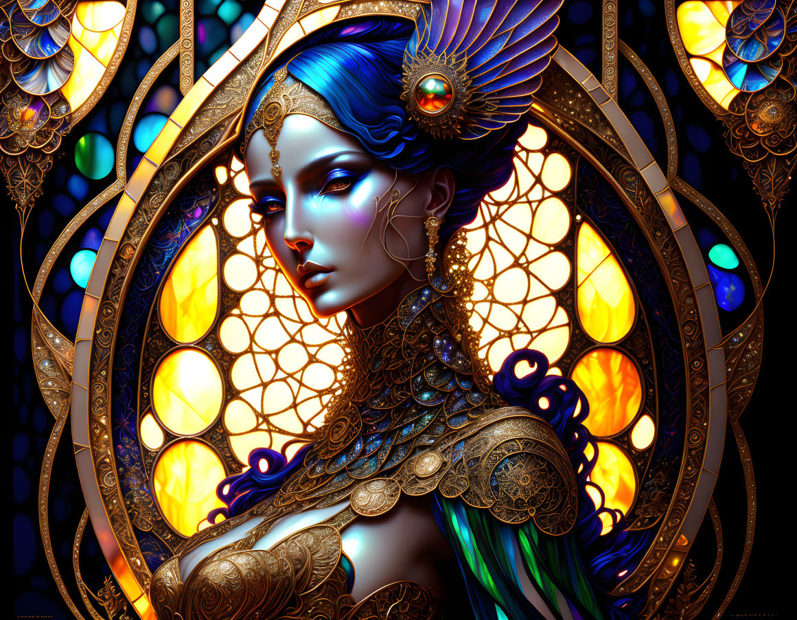 Blue-skinned female figure with golden jewelry and peacock feather headdress in stained glass backdrop.