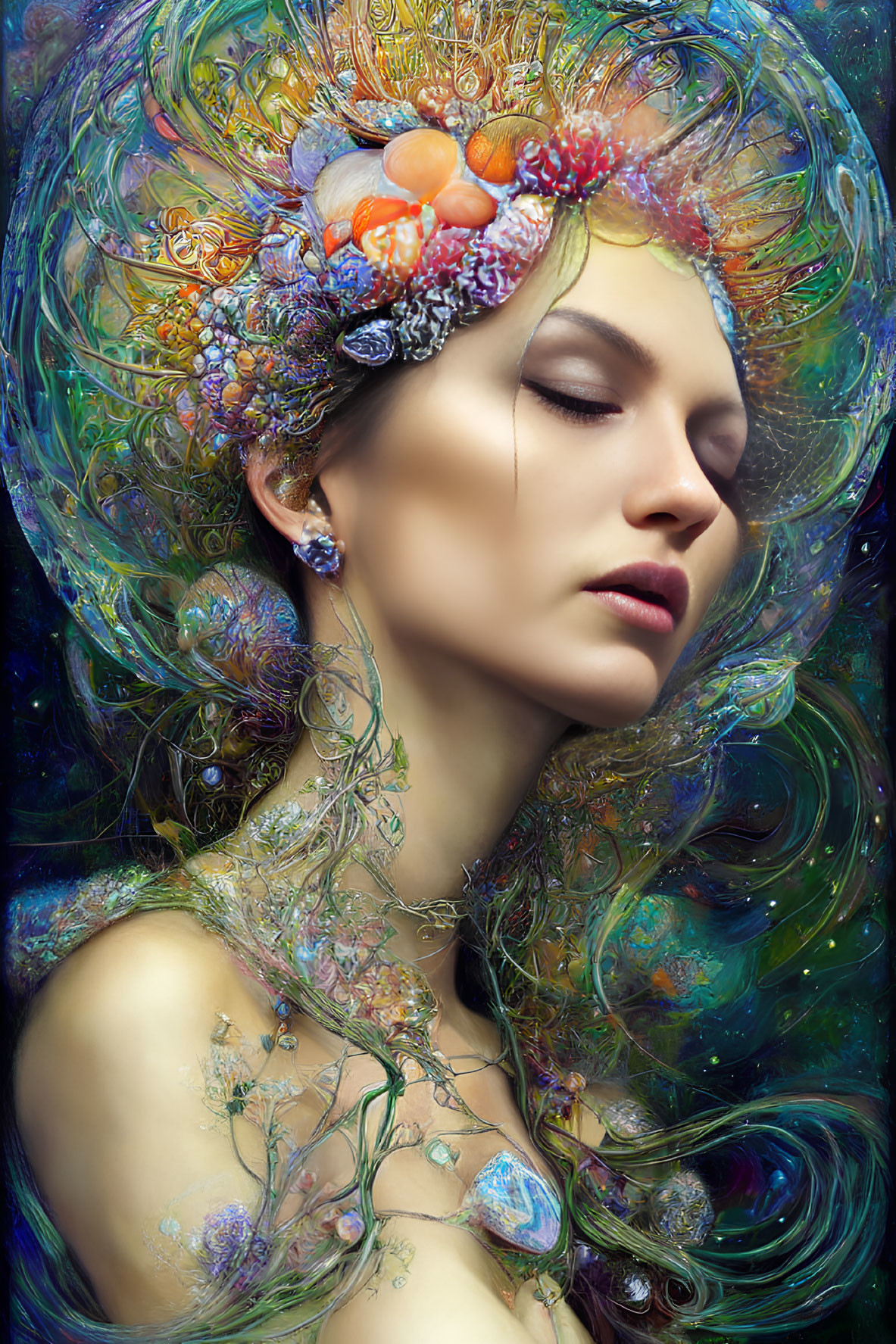 Colorful Cosmic Flower Embellishments Surround Woman's Head