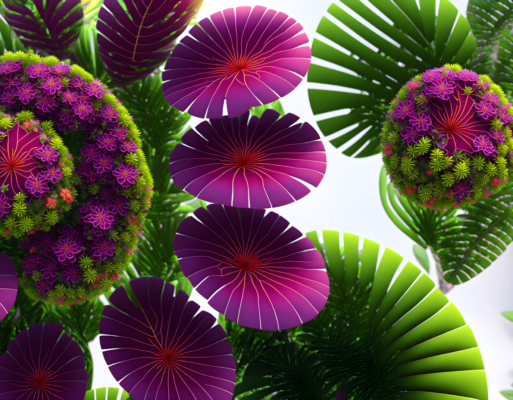 Fantastical digital art: Vibrant purple and green plants with circular leaves and star-shaped flowers