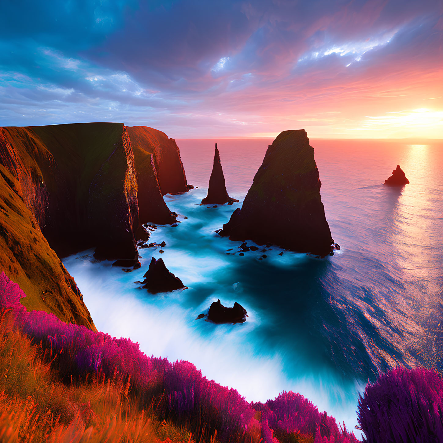 Dramatic sunset seascape with cliffs, rock pinnacle, and wildflowers