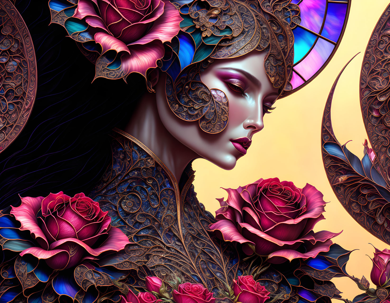 Digital artwork featuring woman with floral patterns, metallic details, roses, and butterfly wings