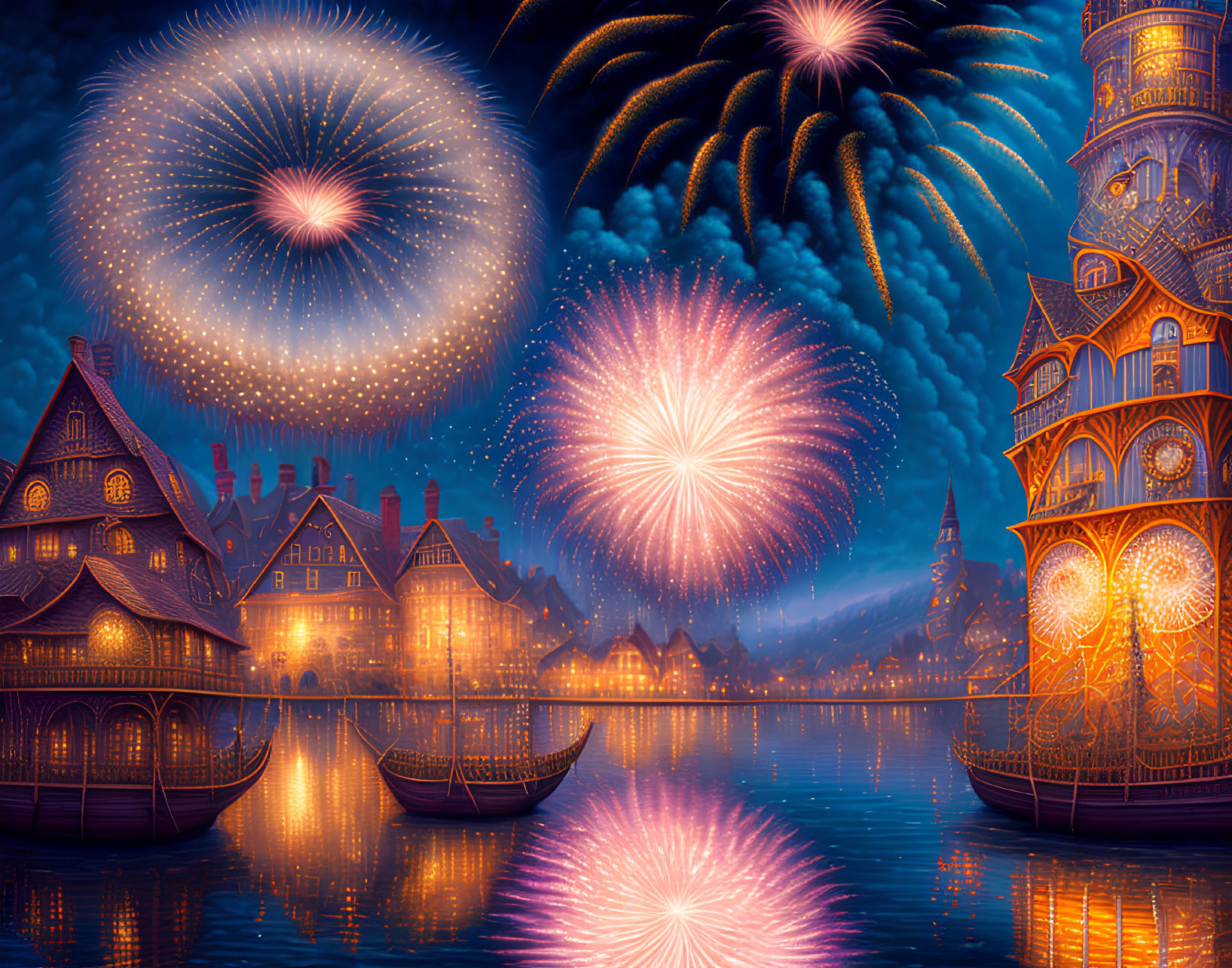 Fantastical village scene with ornate houses and fireworks.