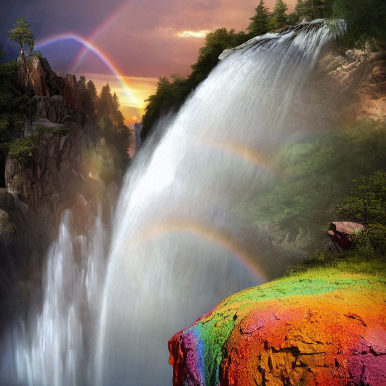 Scenic double rainbow over colorful waterfall landscape