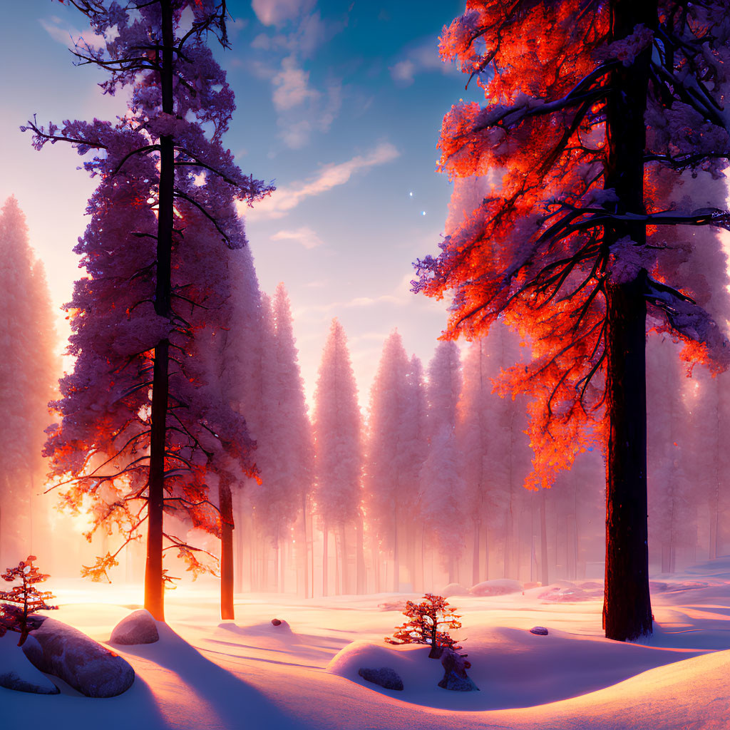 Snowy Sunrise Landscape with Vibrant Pink Treetops