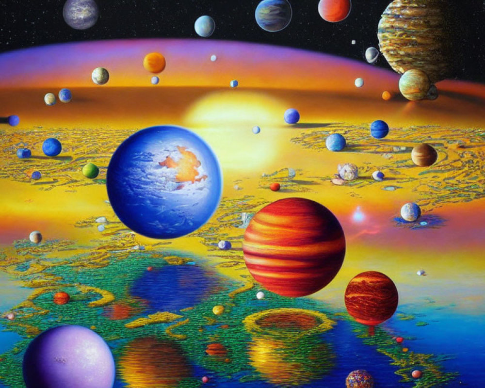 Colorful Planets in Cosmic Scene with Starry Backdrop