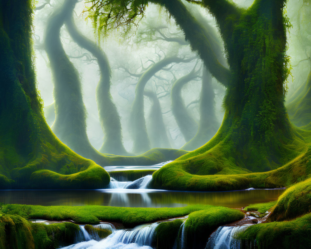 Verdant moss-covered trees in mystical forest landscape