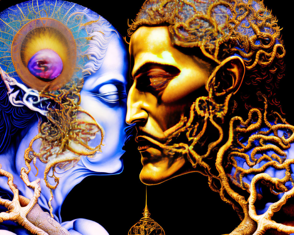 Vivid Digital Artwork: Blue and Gold Faces with Intricate Designs