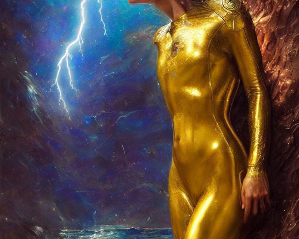 Person in gold bodysuit in rocky cave, looking at stormy sea with lightning.