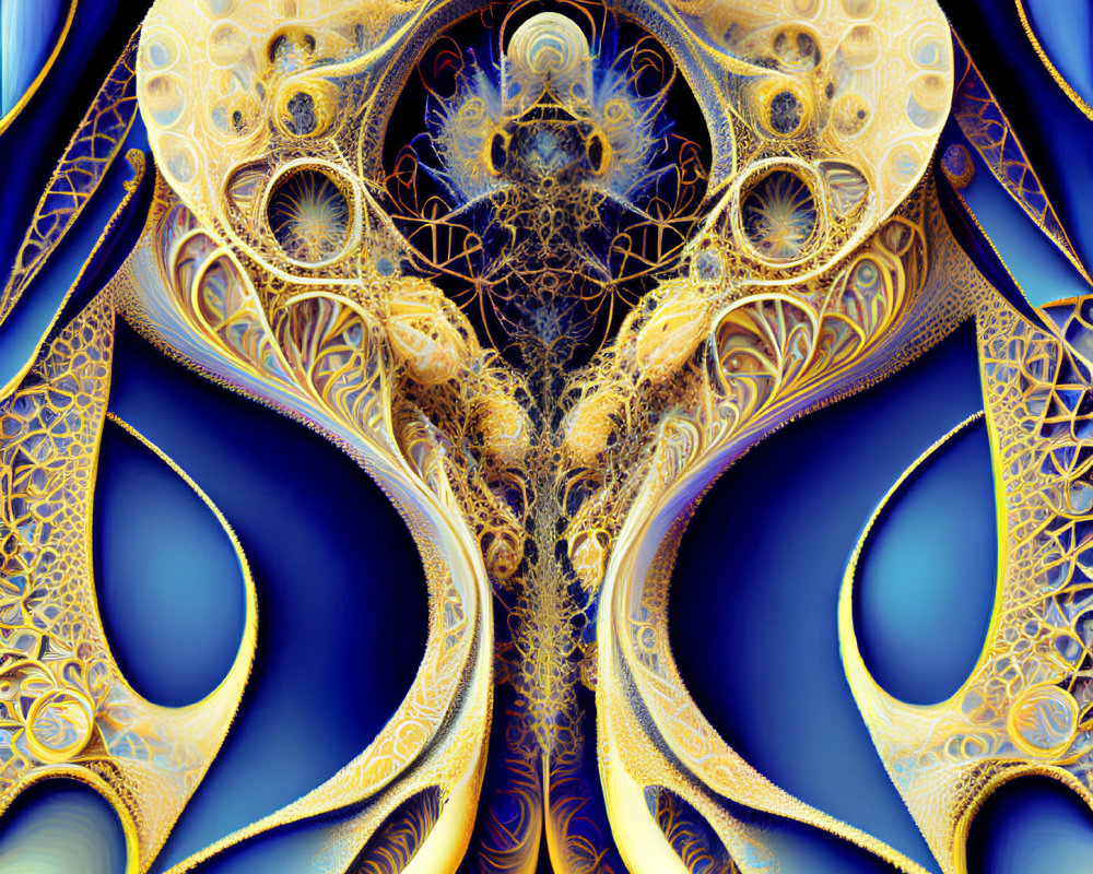 Symmetrical Gold and White Fractal on Deep Blue Background