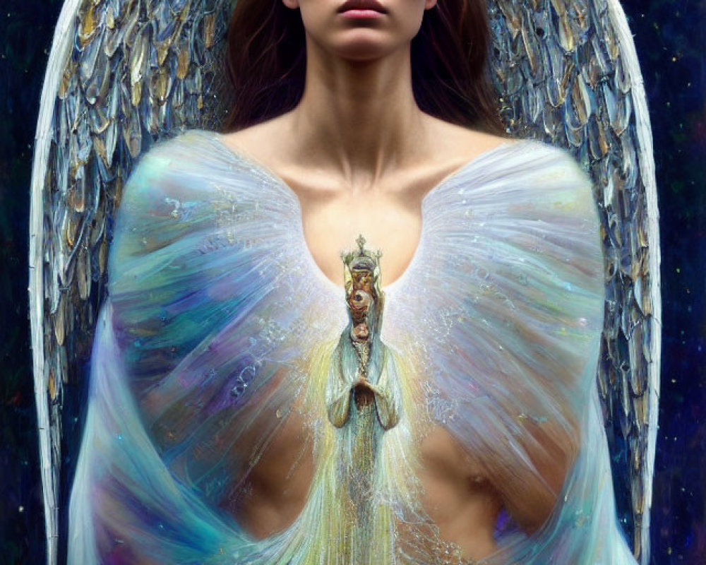 Celestial-themed woman with golden halo and intricate wings in iridescent gown