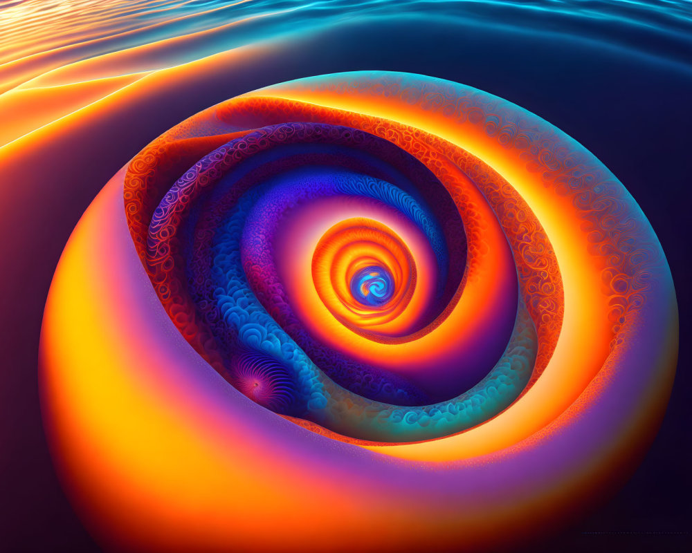 Colorful Fractal Spiral Art in Warm Tones on Blue Background