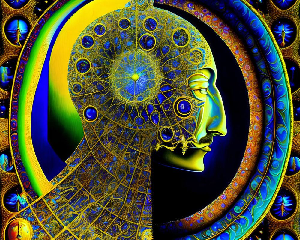 Detailed Colorful Fractal Image Featuring Human Face Profile and Cosmic Motifs