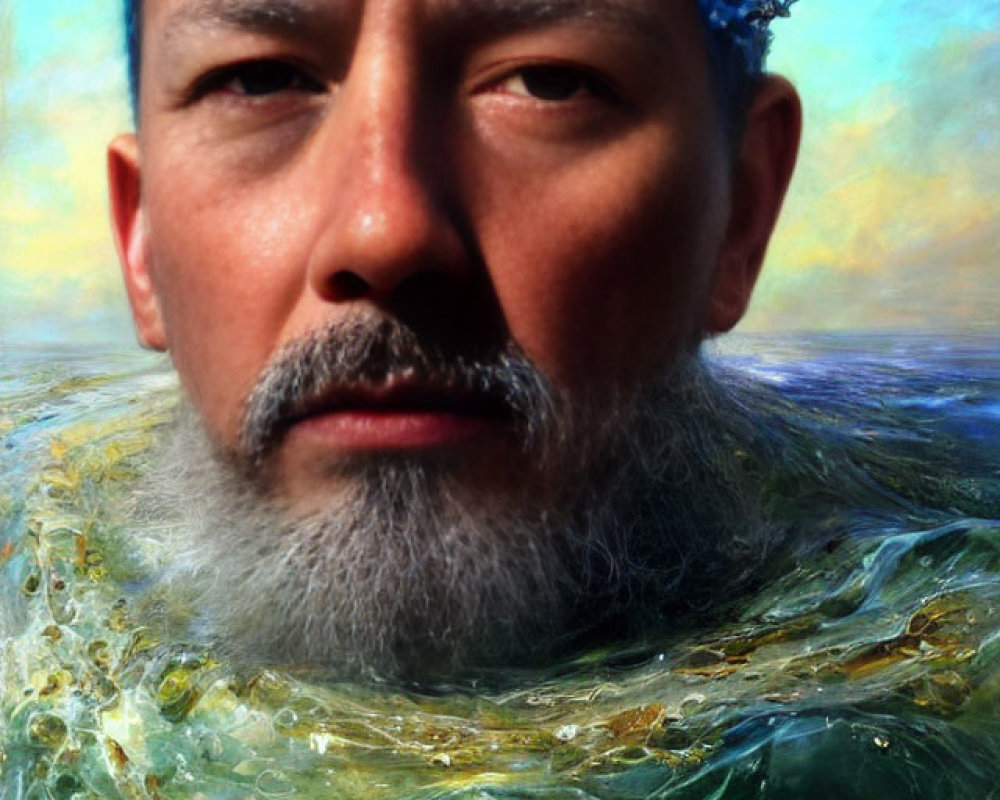 Fantasy portrait of man with sea elements and octopus, ocean-themed beard, surreal background