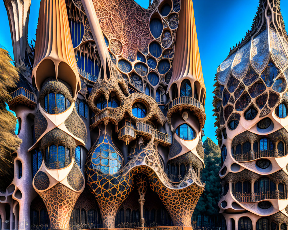 Organic fantasy architecture with bone-like structures and honeycomb patterns under blue sky