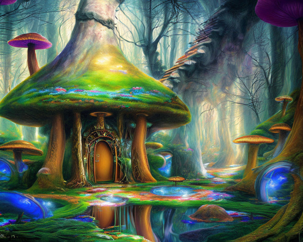 Enchanting forest scene with oversized mushrooms and glowing orbs