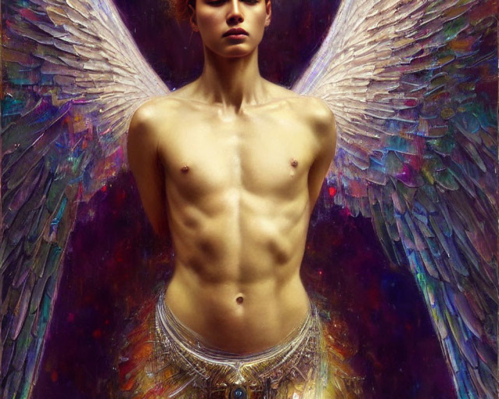 Muscular figure with iridescent wings in warm backdrop