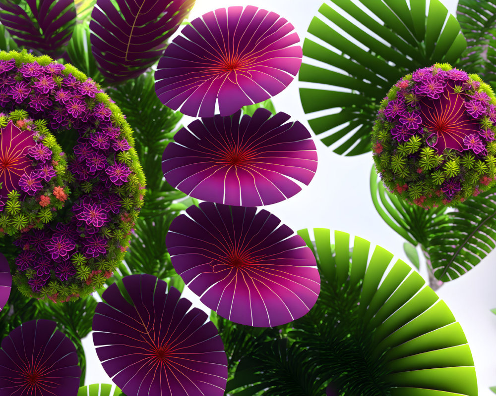 Fantastical digital art: Vibrant purple and green plants with circular leaves and star-shaped flowers