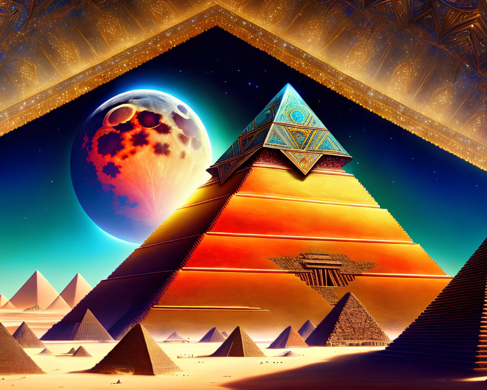 Surreal landscape with pyramids under night sky and moon symbols