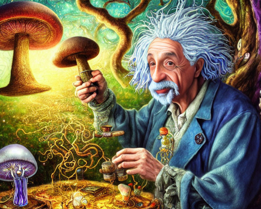 Whimsical Albert Einstein caricature with mushrooms in colorful illustration