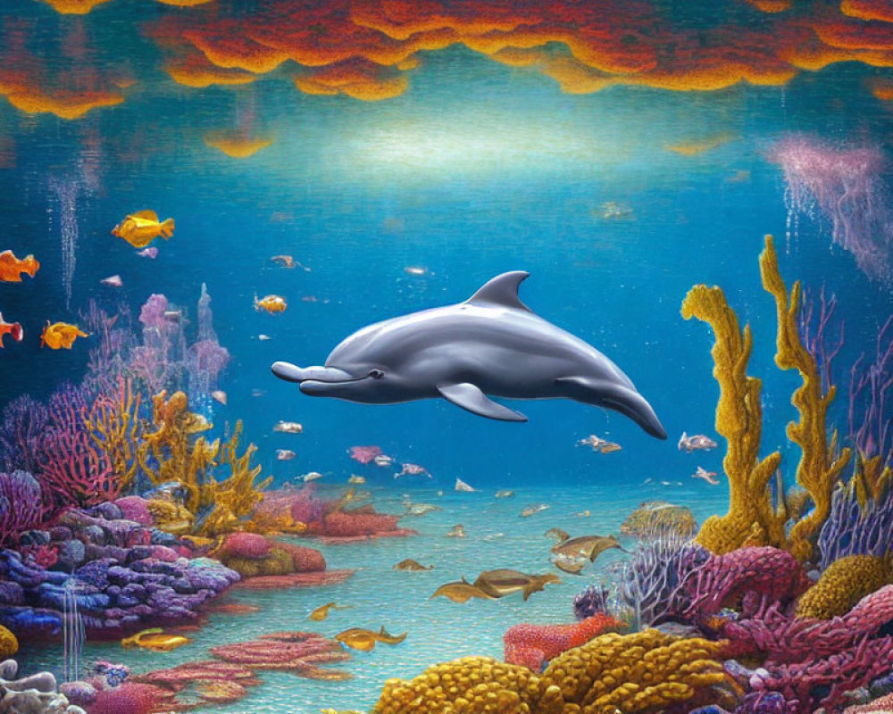 Colorful underwater scene with dolphin, coral, fish, and sky-like surface