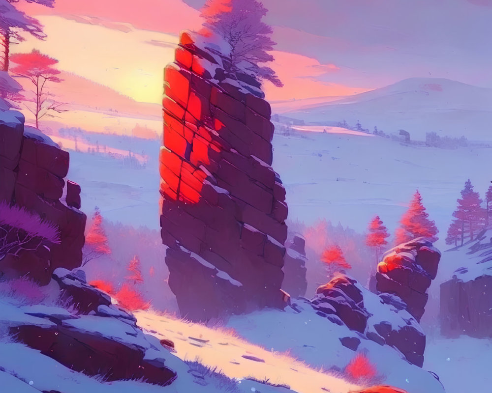 Snowy Winter Sunset Landscape with Glowing Rock Formation