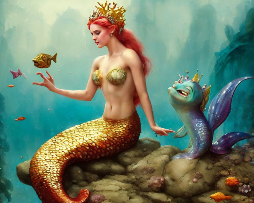 Golden-tailed mermaid with coral crown underwater surrounded by fish