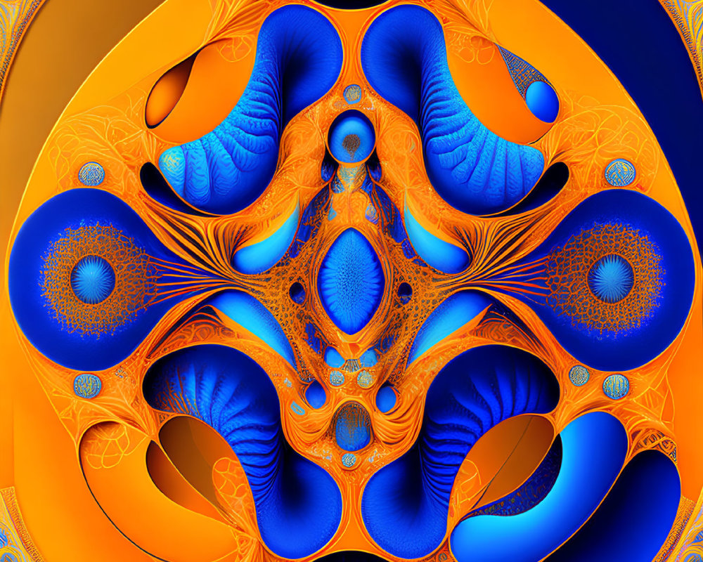 Symmetrical blue and orange fractal design with kaleidoscope pattern