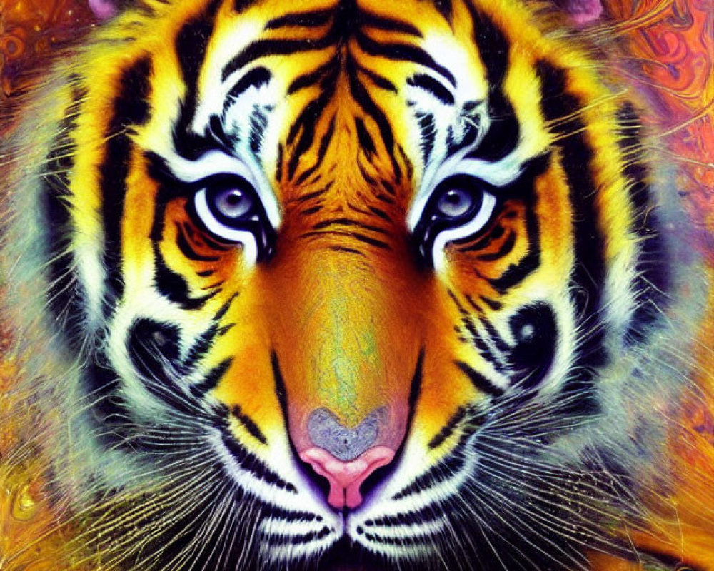 Colorful Tiger Face Artwork with Striking Orange, Yellow, and Black Patterns