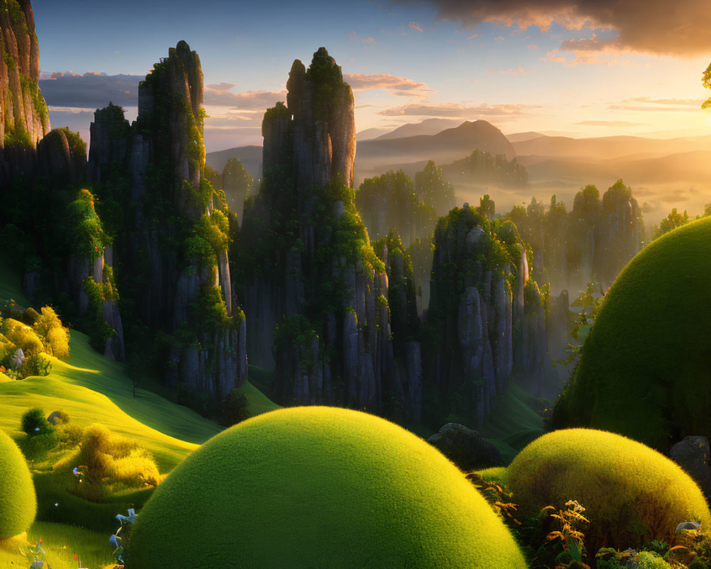 Mystical landscape with towering rock formations and lush greenery at sunrise