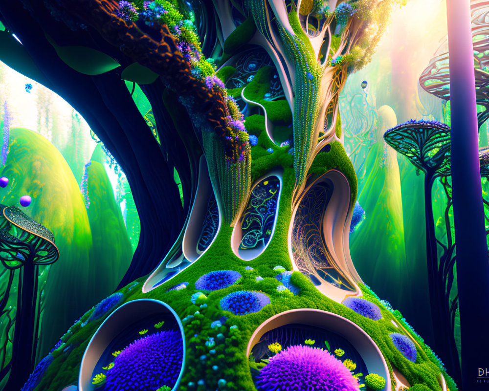 Fantastical forest digital artwork with neon colors & intricate tree designs