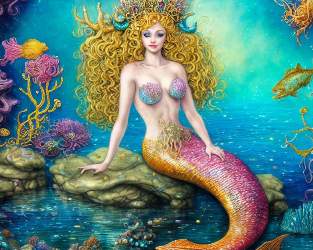 Colorful Mermaid Illustration with Blonde Hair and Vibrant Tail Undersea